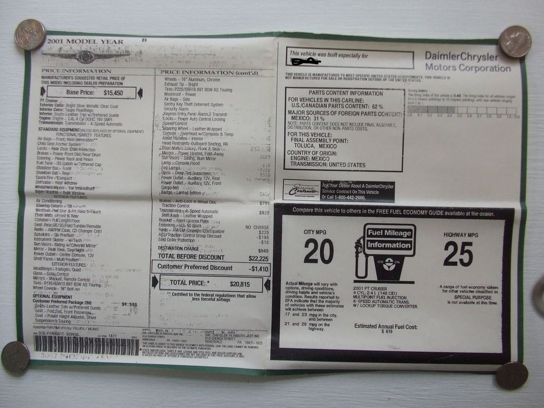 2001 Chrysler PT Cruiser Limited Edition - Original Window Sticker